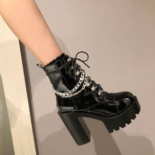 High heels punk shoes motorcycle botas ladies sexy rivets roman chains martin boots women platform leather botte LJB187-1