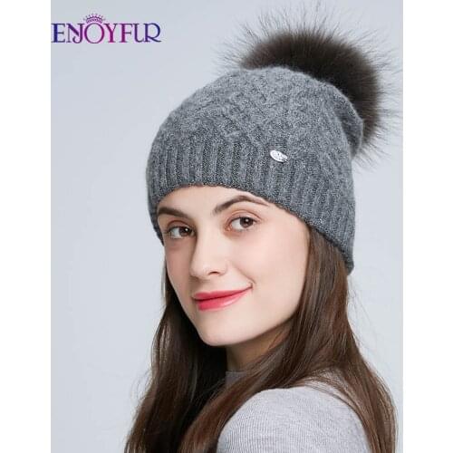 ENJOYFUR Winter fur pompom hat for women cashmere wool cotton hat Big Real Raccoon fur pompom Beanies cap Fox fur bobble hat