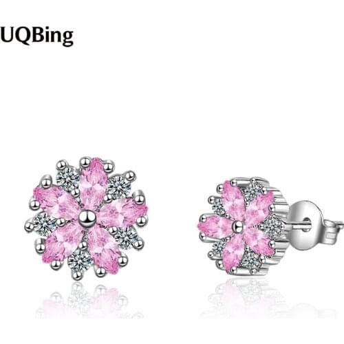 925 Sterling Silver Round Clear Pink Zircon Flower Stud Earring For Women Gifts
