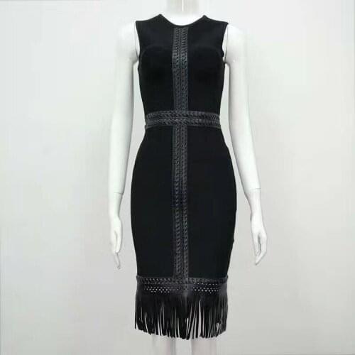 Black Sleeveless Rayon Leather Tassel Details Sexy Women 2017 New Arrival Bodycon Celebrity Bandage Dress