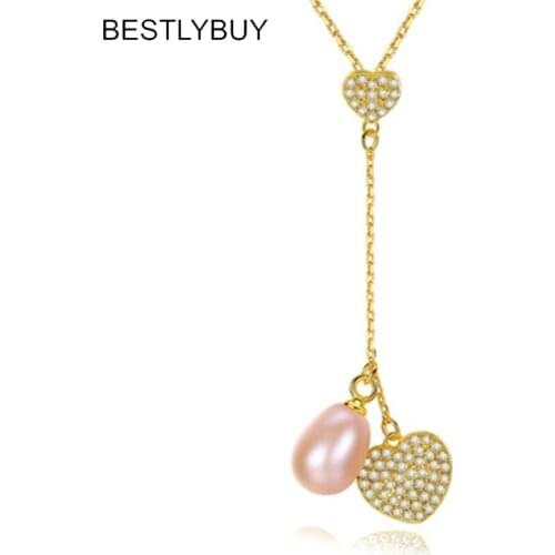 BESTLYBUY 925 Sterling Silver Heart-Shaped Necklace Natural Cultured Fresh Water Pearl Pendant Women Necklace Jewelry
