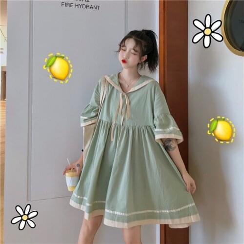 2021 Summer Korean Fashion Cute Navy Collar Dress For Women Casual Anime Super Oversize Short Sleeve High Waist Solid Dresses