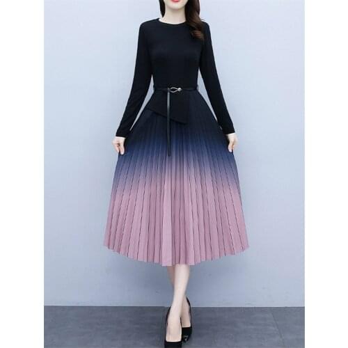 2021 Autumn Winter Elegant Patchwork Gradient Pink Pleated Dress Women Long Sleeve Office Plus Size Sweater Dress With Belt M302