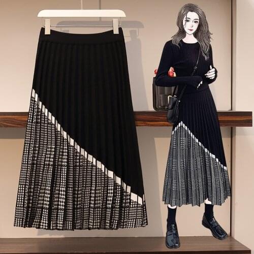 4xl Autumn Winter Knitted A-line Pleated Skirt Women 2021 Plus Size Retro Thousand Bird Plaid Elastic Waist Skirts Womens