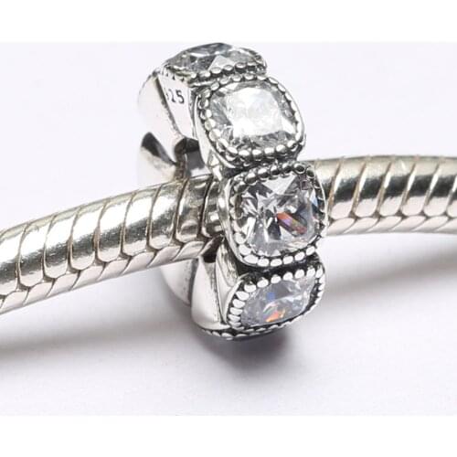 Authentic S925 Bead DIY Jewelry Alluring Cushion Spacer Charms fit Lady Bracelets Bangle Clear CZ