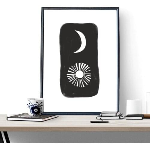 Black White SUN AND MOON Art Print Contemporary Minimalist Wall Art Canvas Painting Abstract Lines Poster Picture Home Decor