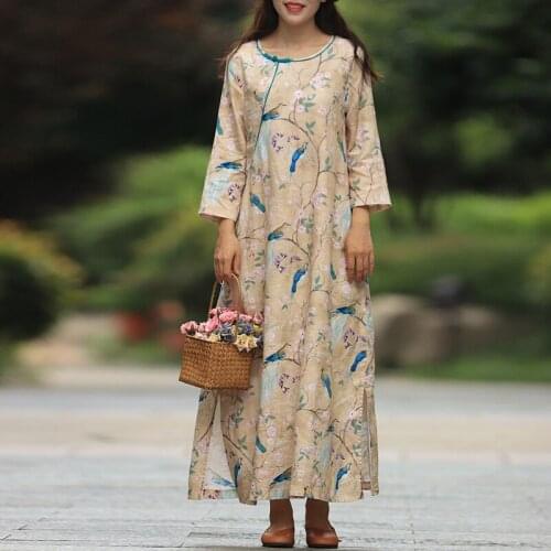Johnature Women Vintage Ramie Dresses O-Neck Seven Sleeve Chinese Style Robes Button 2021 Spring New Loose Female Clothes Dress