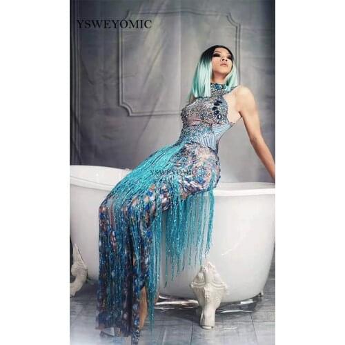 Sparkly Blue Fringes Dancer Singer Performance Tassel Dresses Party Celebrate Glisten Rhinestones Costume Sleeveless Long Dress