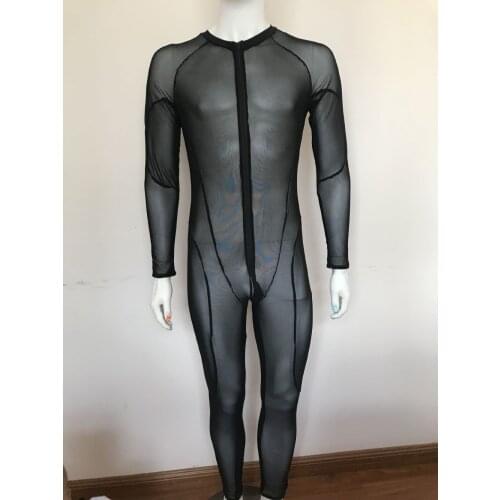 Men Transparent Mesh Full Body Bodysuit Zipper Sheer Jumpsuit Sexy Tight Gay Wear See Through Playsuit Fetish Lingerie Sleepwear
