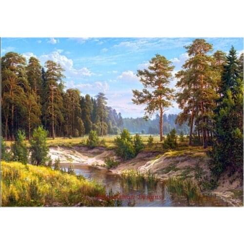 Needlework for embroidery DIY DMC color High Quality - Counted Cross Stitch Kits 14 ct Oil painting - Pine Forest with a Stream