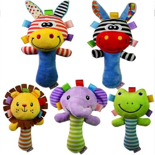 New Baby Toy Cartoon Animal Rattle Squeaker BB Sounder Early Educational Doll Elephant Giraffe Lion Frog Plush Hand Rattle Bell
