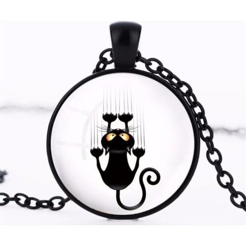 New Fashion Handmade Jewelry Cat Kitten lover Art Photo Cabochon Black Glass Pendant Chain Necklace Men Women Cute Gift