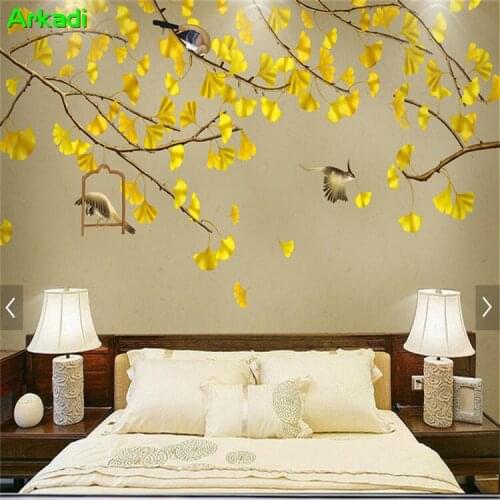 New Chinese hand-painted gingko gongbi flower bird background wall decoration mural modern wallpaper living room TV background