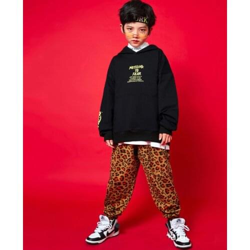 Ropa de hip-hop para niños, sudaderas con capucha negras, camisas grandes, ropa informal con estampado de leopardo, pantalones