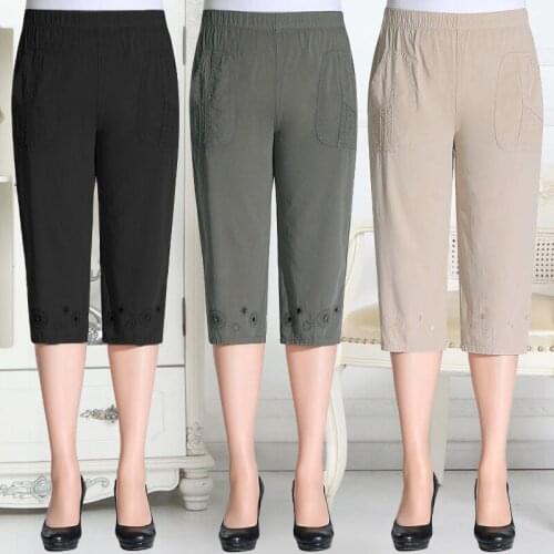 High Waist Capri Pants For Women Trousers Loose Casual Embroidery Straight Pants Plus Size Womens Summer Calf-Length Pants