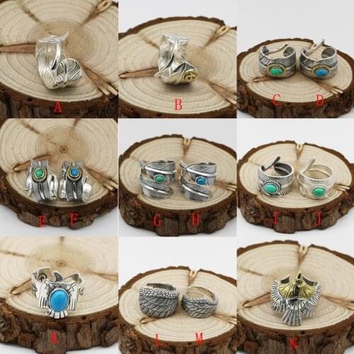 S925 Sterling Silver Eagle Series Jewelry Retro Thai Silver Men And Women Takahashi Goro Turquoise Feather Ring Open Ended