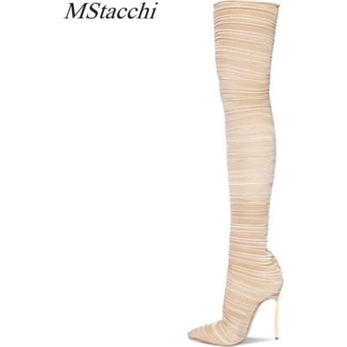 MStacchi Sexy Women Thigh High Boots Slip On Elastic Fabric Over The Knee Boots Ladies Stilettos Pointed Toe Steel Heels Boots