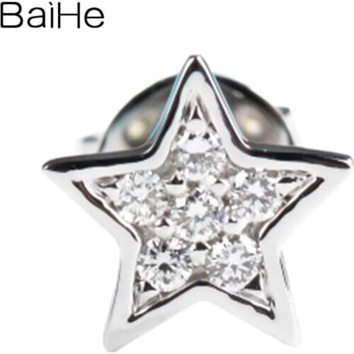 BAIHE Solid 14K White Gold 0.04ct H/SI Natural Diamond Trendy Fine Jewelry Diamond Stars Stud Earrings For Women Cерьги Wedding