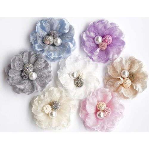 6.5cm Chiffon Beaded Patches For Dress Clothing Decor Princess Hair Clip Diy Crafts Sewing Supplies Headwear Applique Accessory