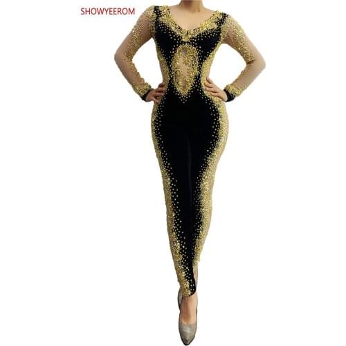 Rhinestones Jumpsuit long Sleeves Stretch Sexy Bodysuit Women Birthday Stage play Celebrate Dress Dancer Party Show Dress