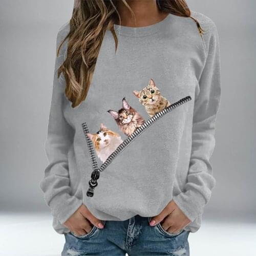 Three Cat Print Hoodies Women Sweetshirts Casual Long Sleeve Zipper Tops Harajuku Hoodie Kawaii Clothes Streetwear Sweatshirts