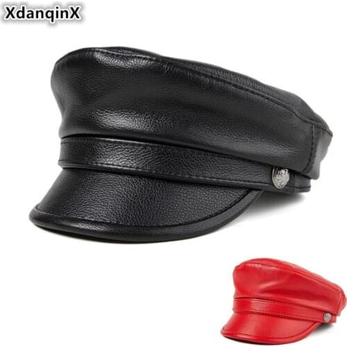 XdanqinX Elegant Ladies' Sheepskin Leather Caps Army Military Hat Mens Flat Cap Genuine Leather Hats Autumn Couple Student Hat