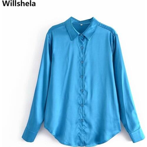 Willshela Women Fashion Blue Satin Single Breasted Solid Shirts Long Sleeves Lapel Collar Vintage Female Blouse Chic Tops
