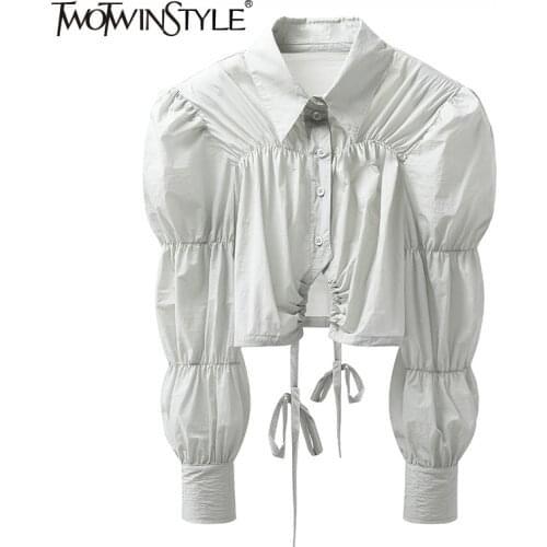 TWOTWINSTYLE Casual Slim Folds Lace Up Patchwork Solid Blouses Female Lapel Puff Sleeve Temperament Shirt For Women Autumn Style
