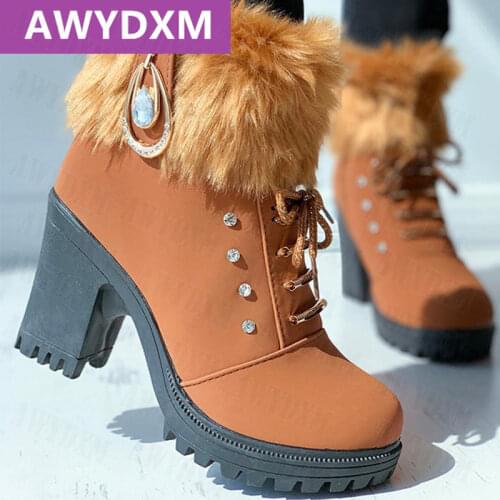Women High Heels Shoes 2021 New Winter Fashion Platform Boots Snow Warm Non-slip Plush Crystas Botas Designer Pumps Zapatos