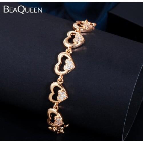 BeaQueen Delicate Double Heart Design 585 Gold Color Cubic Zirconia Link Chain Bracelets Women Fashion Jewelry for Gift B213