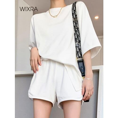 Wixra Womens Basic Cotton T Shirt Sets Summer O Neck Tee+ Elastic Waist Shorts Casual Thick Suits Street Wear