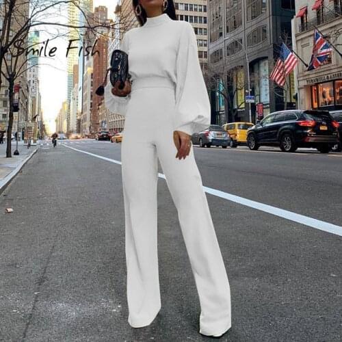 Loose Elegant Office Lady Women Jumpsuits Solid Long Sleeve Empired Wide Leg Pants Overalls Backless Pure Autumn Jumpsuit GV182