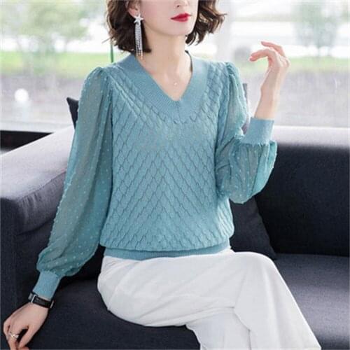 V-Neck Hollow Out Chiffon Long Sleeve Patchwork Knit Pullovers Women Elegant Large Size Loose Knitwear Tops Female H690