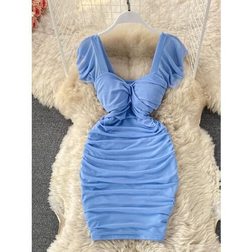Blue/Khaki/White Sexy Draped Bodycon Dress Women Elegant Square Collar Short Sleeve High Waist Mini Vestidos Party Robe 2021 New