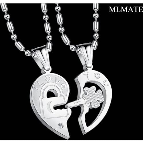 Women Men I Love You Key and Lock Stainless Steel Crystal Heart Shape Pendant Necklace Jewelry Couples Gift