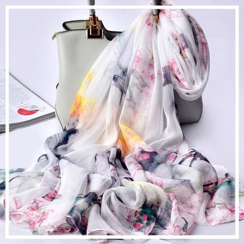100% Pure Silk Scarf Ladies Luxury Brand 2019 Shawls and Wraps for Women Thin Print Chiffon Silk Wrap Hangzhou Real Silk Scarves
