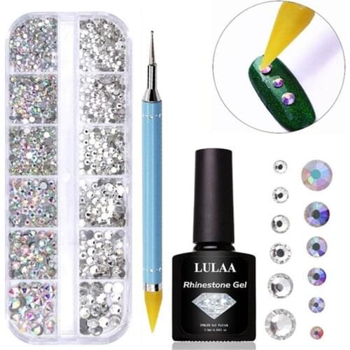 3D Nail Art Rhinestone Crystals Beads Stud Flat Bottom and Dotting Picker Pen and Nail Glue Manicure DIY Nail Art