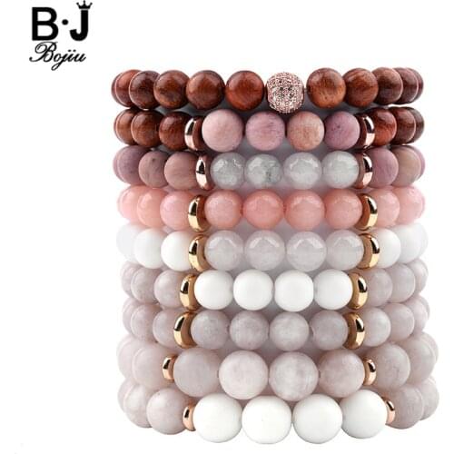 BOJIU Bohemia Natural Stone Bracelet For Men Women Pink Gray Quartz River Stone Wood Beads Strand Bracelet Unisex Jewelry BC244