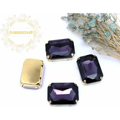 Deep Purple Rectangle shape Glass Crystal sew on rhinestones with FOUR gold claw Diy wedding dress accessories Free shipping