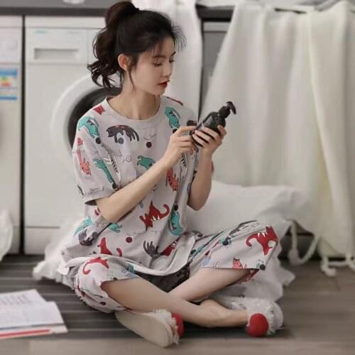 Summer Brand NEW Floral Print Womens Pajama Sets Elegant Nightwear Women Pajamas Calf-Length Pants Plus Size 3XL Home Sleepwear