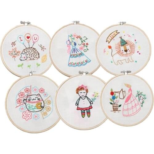Cartoon DIY Embroidery Kit with Bamboo Hoop Starter Kit Needlework Flower Pattern Printed Sewing Art Craft Painting Home Decor