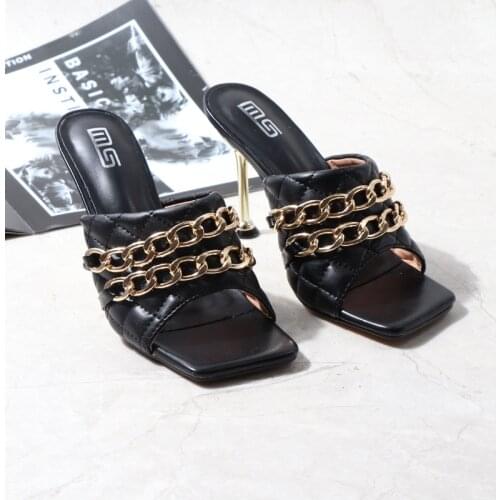 Women Slippers Sandals 9.5cm Heel Women Heels Female Shoes Summer Metal Chain Ladies Slipper Fashion Outdoor Casual Slides Mules