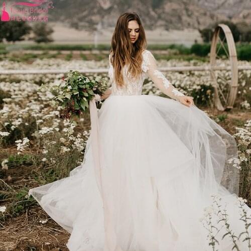 Long Sleeve Lace Wedding Dresses V-Neck Boho Princess Bridal Gowns Tulle Skirts Elegant Vestido De Noivas 2021 ZW465