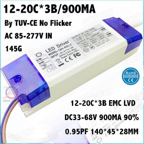 2 Pcs By CE 60W AC85-277V LED Driver 12-20Cx3B 900mA DC35-68V No Flicker Constant Current LED Power For Spotlights Free Shipping