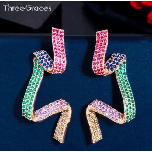 ThreeGraces Sparkling Mirco Pave Coloful CZ Crystal Long Gold Color Ribbons Drop Earrings for Women Trendy Party Jewelry ER500