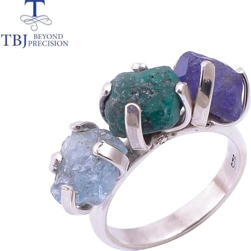 Unique Handmade Gemstone Rough Ring ,Nautral colorful gemstone opal aqumarine Tanzanite Ring 925 sterling silver fine jewelry