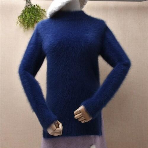 Ladies women fashion hairy fluffy mink cashmere knitted long sleeves slim bottoming blouses pullover split angora fur jumper top