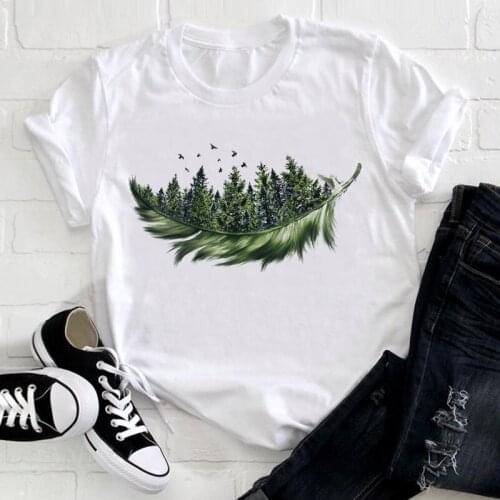 Lady Loose Clothes Female Tee Top Ladies Graphic T-shirt Feather Bird Printed Short Sleeve Women T Shirt