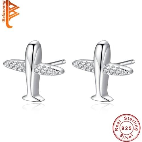 BELAWANG 925 Sterling Silver Earrings For Women Jewelry Cubic Zircon Crystal Aircraft Airplane Stud Earrings Birthday Gift