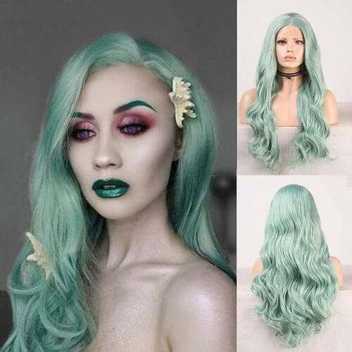 AIMEYA Mint Green Long Wavy Lace Front Wig for Women Middle Part Pre Plucked Glueless Half Hand Tied Cosplay Daily Wear Wig
